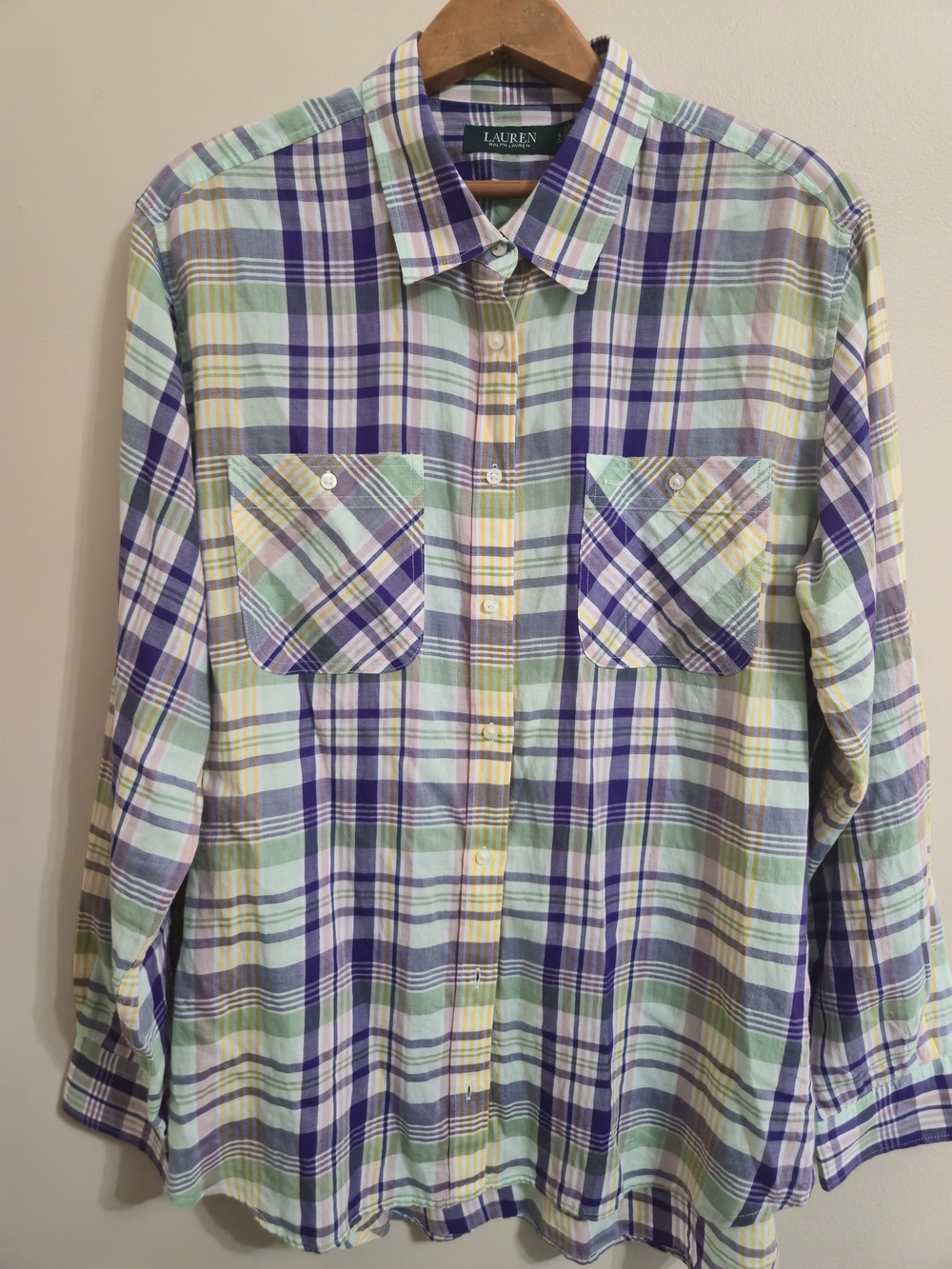 Lauren Ralph Lauren Pastel Plaid Button-Down Shirt in Purple, Green, Yellow